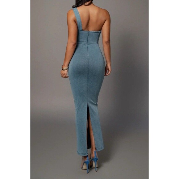 JLUXLABEL One Shoulder Draped Maxi Dress in Slate Blue – Bodycon Size XL - Picture 3 of 4